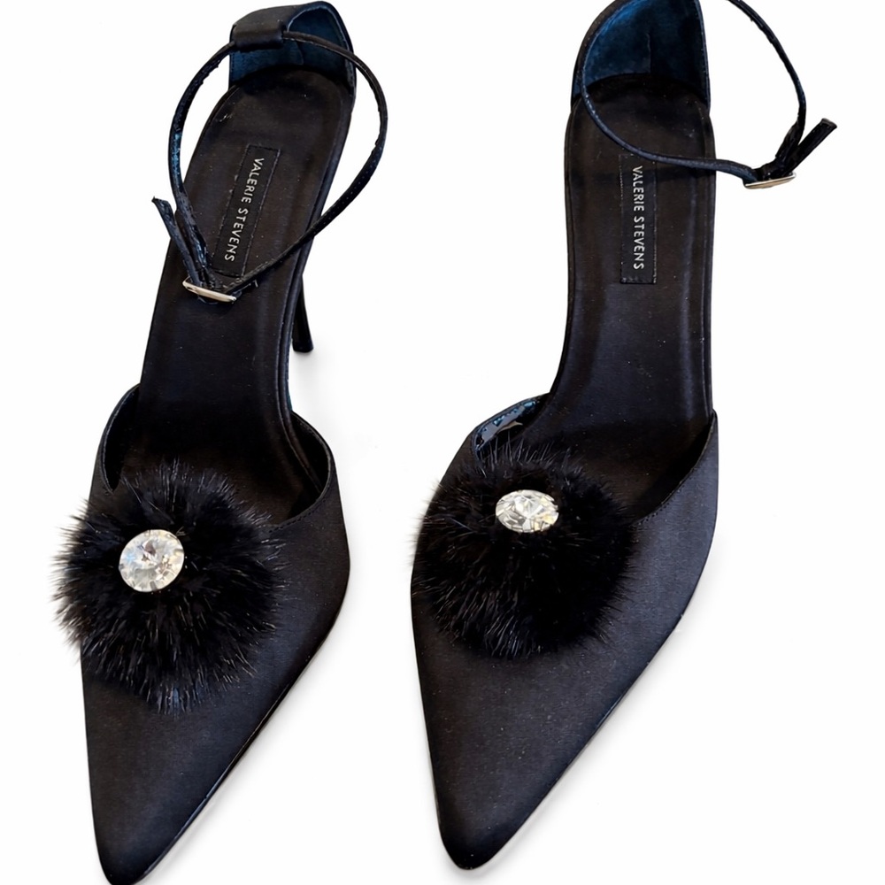 Valerie Stevens Black Satin Mink Pom Rhinestone Pointed Toe Ankle Strap Heels